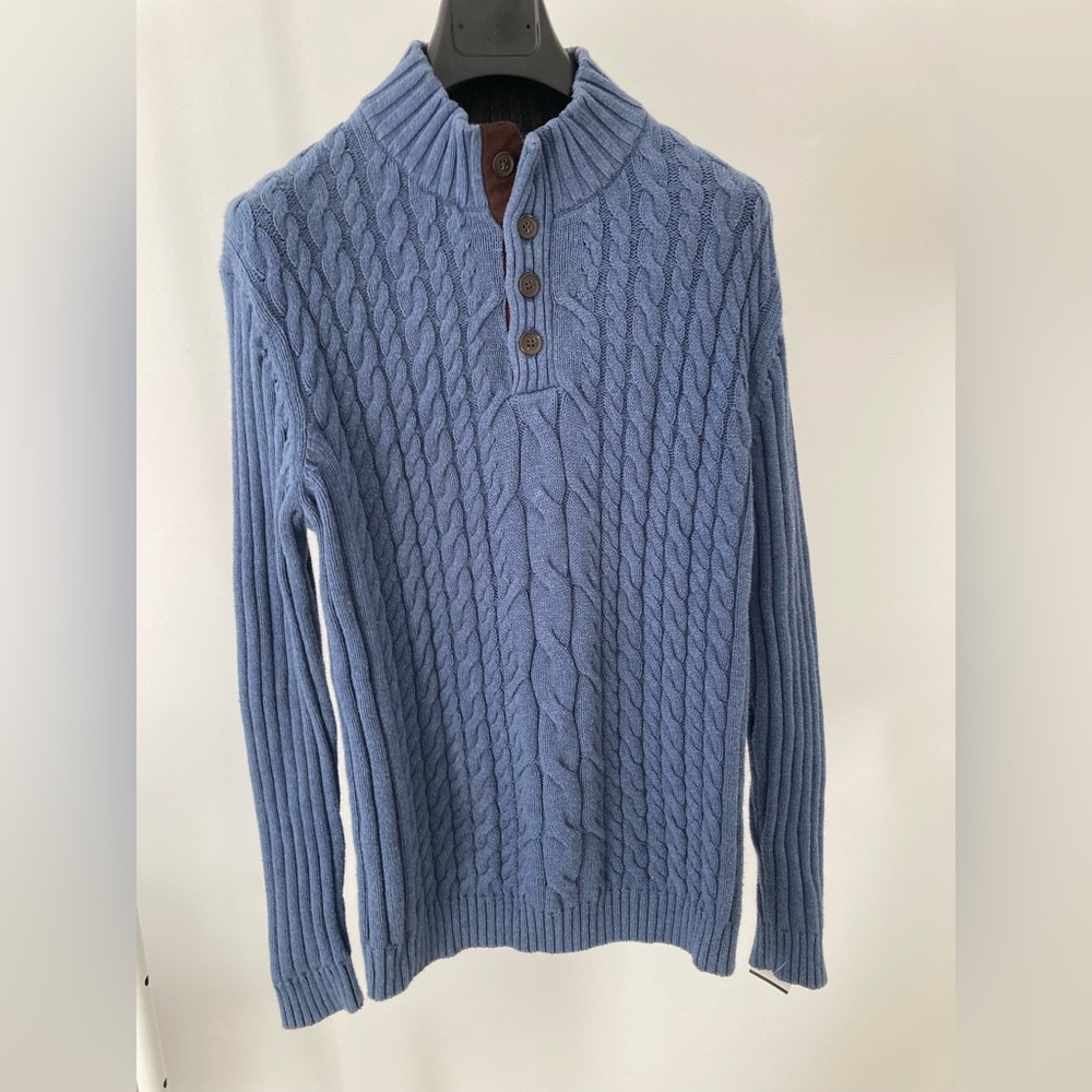 Tasso Elba Brown Cable Knit Sweater Mens Medium 100% Cotton 1/4 Button
